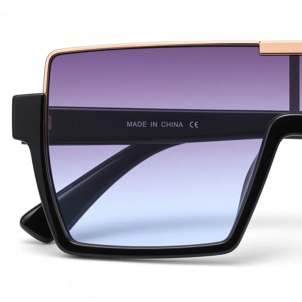 Oversized Square Shield Sunglasses Black Flat Top Blue Gradient Lens Women Fancy